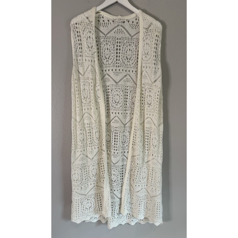 Off White  Crochet Duster Vest Long Open Knit Boho Festival Cottagecore Plus 2X
